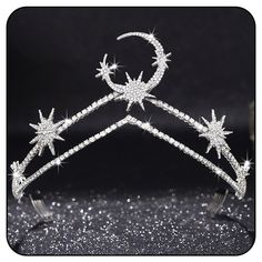 PRICES MAY VARY. Rhinestone tiaras and crowns adorned with sparkling star and moon, shining crystals. They won't fade and break easily. Star moon tiara crown is one size fits most. Its appearance is dazzling, beautiful and gorgeous. Silver bride wedding crown headband has small comb at the end on both sides to clamp the hair more tightly. You don't have to worry about falling when you use it. Bridal crystal tiara is suitable for weddings, prom, parties, engagements, events, birthday parties or o Princess Headpiece, Moon Tiara, Moon Crown, Crystal Princess, Wedding Headwear, Reference Board, Rhinestone Headpiece, Crystal Tiara, Silver Headband