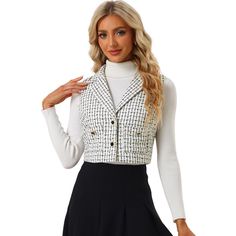 It is suitable for Office Work, Meetings, Formal ceremonies, Casual Daily wear, Parties, etc. You can also dress it up with pants, jeans, or a skirt for a vintage casual look. The single-breasted design makes this vest easy to put on and off, keeping you warm while still looking feminine and chic. The fully lined design is comfortable and soft, providing a wonderful touch and giving you a wonderful daily wear experience. Made of plaid tweed fabric, this waistcoat can give you an elegant vintage White Tweed Vest Outfit, White Vest With Button Closure For Fall, Fitted Tweed Vest For Fall, Fitted Tweed Sleeveless Vest, Fitted Sleeveless Tweed Vest, Fitted Sweater Vest With Button Closure For Fall, Fitted Sweater Vest With Buttons For Fall, Fitted Button Sweater Vest For Spring, Fitted Sweater Vest With Button Closure For Spring