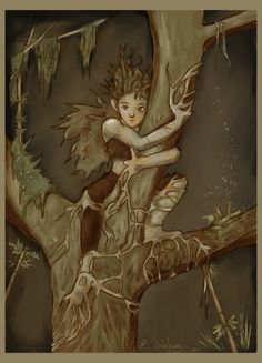 a drawing of a fairy sitting on top of a tree with her arms wrapped around the trunk