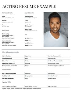 the acting resume for actors is shown in this image