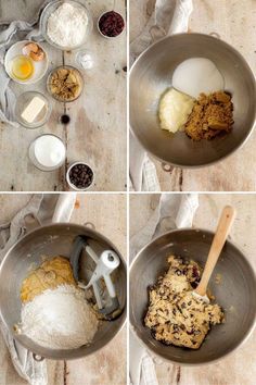 four pictures showing how to make an easy chocolate chip cookie recipe with ingredients in bowls