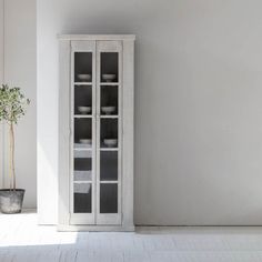 an empty room with a white cabinet and potted plant