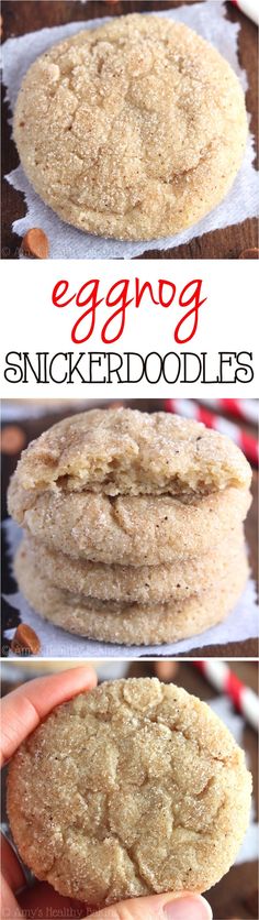 an eggnog snickkerdoodle cookies recipe is shown in three different pictures