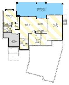 the floor plan for a house with an above ground swimming pool and two separate garages