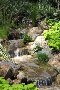 there is a small waterfall in the middle of some rocks and plants with water running down it