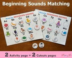 two activity pages for beginning sounds matching letters and numbers