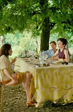 three people sitting at a table under a tree