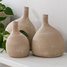 two vases sitting on top of a white shelf next to a potted plant