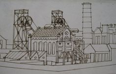 a drawing of an industrial area with buildings and ferris wheel in the background is shown