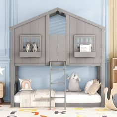 a child's bedroom with bunk beds and toys