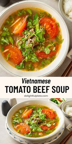 a bowl of Vietnamese tomato beef soup with coriander leaves Rau Ram Recipes, Tomato Beef Soup, Vietnamese Coriander, Tomato Side Dishes, Easy Vietnamese Recipes, Tomato Beef, Recipes Vietnamese, Traditional Chinese Food