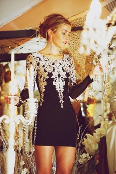 Get this dress on @Emilio Foster or see more #dress #short_black_dress Gold Holiday Dress, Black Embroidered Dress, Gorgeous Prom Dresses, Dress Chiffon, Baroque Fashion, Puffed Sleeves Dress, Fancy Dresses