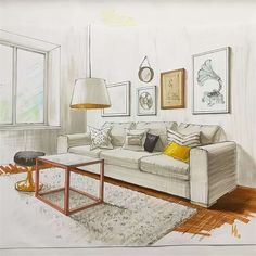 a drawing of a living room with couches, tables and pictures on the wall