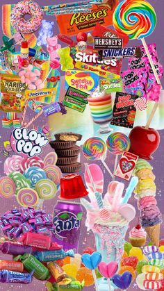 a collage of candy, lollipops and sweets