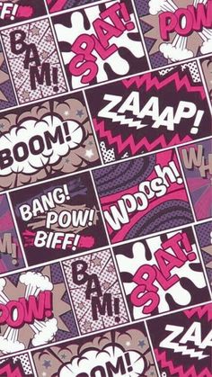 comic book covers with the words boom and pow in pink, purple, and white