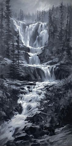 a black and white painting of a waterfall