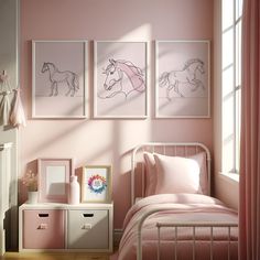 a bedroom with pink walls and pictures on the wall