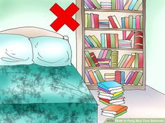 a bed with books on it next to a book shelf filled with lots of books