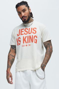 Available In Natural/Combo. Crew Neck Short Sleeve Screen Print 100% Cotton Disclaimer: Due To The Printing Process A Difference In Saturation May Occur. Each Garment Is Unique. Print Placement Will Vary. Imported | Mens Jesus Is King Short Sleeve Tee Shirt in Natural size 2XL by Fashion Nova Design Exercises, Christian Graphic Tees, Christian Streetwear, Jesus Is King, Service Women, Christian Apparel, Print Placement, Jesus Shirts, City Design