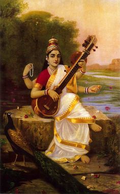 a painting of a woman playing the sitar