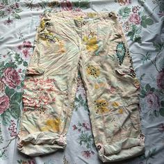 Rare Vintage Da-Nang Bedazzled/Studded Cargo Pants/Capris. Baby Pink, Light Blue, Turquoise, Aqua, Goldenrod/Mustard Yellow, Coral Red Patterned Fabric, Pink Rhinestones, Brass Studs, Silver And Aqua Rhinestones Decorate The Images, There’s Writing On Some Of The Pattern (It’s Part Of The Design), The Pockets Are Huge, Can Be Worn Slouchy And Lowrise Measurements Taken Laying Flat: Waist: 16.5”, Does Have Adjustable Waistband On The Back. Hips: 24” Rise: 9” Inseam: 20” (While Cuffed) Thigh: 12” Coral Red, Adjustable Waistband, Red Pattern, Da Nang, Pink Rhinestones, Pink Light, Patterned Fabric, Blue Turquoise, Mustard Yellow