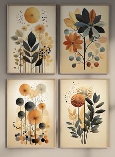 four paintings on the wall with flowers and leaves in different shapes, sizes and colors