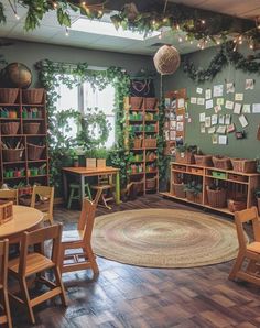 Classroom Enchanted Forest Theme, 2000s Classroom Aesthetic, Plants In Classroom Decor, Magic Forest Classroom Theme, Garden Classroom Ideas, Magical Forest Classroom Theme, Nature School Classroom, Ece Classroom Ideas, Classroom Inspiration Decor