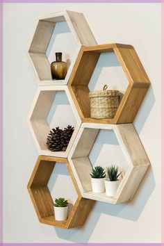 three hexagonal shelves with plants on each shelf, one is made out of wood and the other has succulents