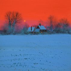 a red and blue sky over a snow covered field with a house in the distance