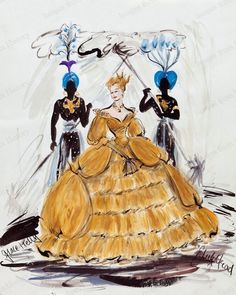 a drawing of a woman in a yellow dress with two men standing behind her and holding balloons