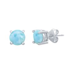 You'll love the impressive design of these beautiful earrings. You'll love the impressive design of these beautiful earrings. Backings: post Packaging: boxed Additional details: nickel free Metal: sterling silver Plating: rhodium Finish: polished Length: 6 mm STONE DETAILS Stone type: Larimar Total weight: 1 ct. Setting: prong Shape: round Size: One Size. Color: Blue. Gender: female. Age Group: adult. Blue Larimar Earrings For Gift, Silver Larimar Dangle Jewelry, Silver Larimar Dangle Earrings, Blue Larimar Dangle Jewelry, Blue Larimar Cabochon Rings, Post Metal, Jewelry Earrings Studs, Beautiful Earrings, Jewelry Watches