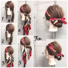 Easy and cute? Hair arrangements you can do ✨ Long scarf arrangement? Mixed scarves in an elegant atmosphere like Gibson tack style, Adults girl styley · · 1 rubber, 2 pins Holding time 10 mins 1. Both sides I will divide it into three parts. 2. I will tie back to one. 3. Cover with a scarf and tie on the back knot. 4. Put the side into the scarf twice. 5. Fluff of the back also swirls around the outer winding while fastening it in the outer winding and pushes it into the scarf knot and hold Hair Bun Tutorial, Braided Bun, Bad Hair