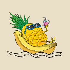 a pineapple sitting on top of a banana with sunglasses and a drink in it