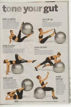 a woman doing exercises on an exercise ball with the caption tone your gutt