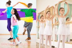 two pictures of children in ballet clothes and one has her arms stretched out to the side