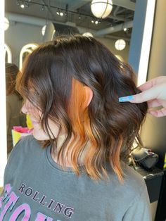 Dip Dye Short Hair Brunette, Orange And Brunette Hair, Peekaboo Hair Ideas For Brunettes, Dark Brown Hair With Burgundy Peekaboo, Dark Hair With Orange Underneath, Color Blocking Short Hair, Orange Hair Peekaboo, Peek A Boo Copper Hair, Brown Hair With Orange Peekaboo