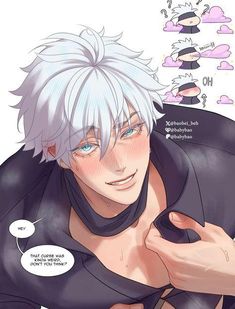 an anime character with white hair and blue eyes holding a black mouse in his hand