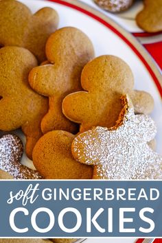 soft gingerbread cookies on a plate with the words soft gingerbread cookies above them