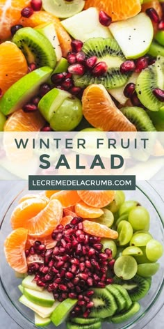 winter fruit salad with pomegranate, kiwis and oranges in a glass bowl