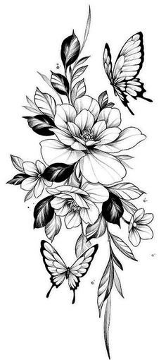 a black and white drawing of flowers with butterflies