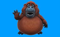 an animated gorilla with his arms out and eyes wide open, standing in front of a blue background