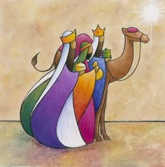 a painting of three wise men riding on a camel with the star above their head