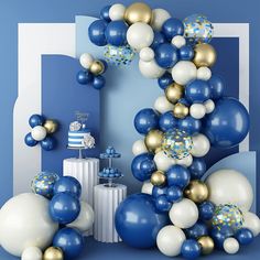 a blue and white balloon arch with gold confetti