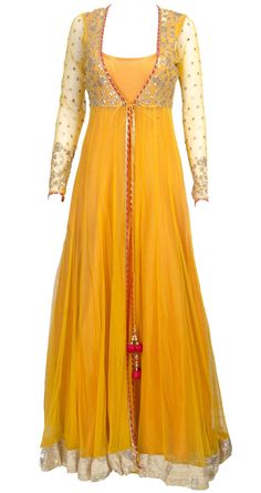 This sheer jacket long anarkali is featuring in  a mango yellow floor length raw silk. It comes along with net sheer jacket with gota work detailing. Fabric : R Saree Bollywood, Long Anarkali, Long Gown Design, Sheer Jacket, Mode Tips, Salwar Kamiz, Kurti Design, Indian Gowns Dresses, Ghagra Choli