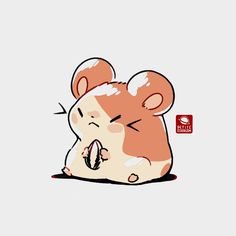 a brown and white mouse sitting on top of a floor next to a red sticker