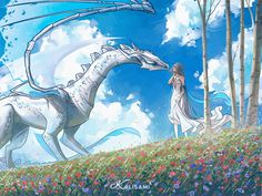 a woman standing next to a white dragon on top of a lush green field covered in flowers