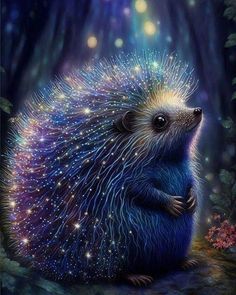 a painting of a porcupine sitting in the forest with fireworks coming out of its back