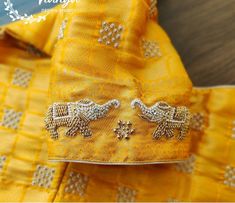 Elephants Maggam Work Blouses, Elephant Maggam Work Designs Latest, Yellow Blouse Design Embroidery, Yellow Blouse Aari Work Designs, Elephant Maggam Work Designs, Elephant Aari Work Blouse, Yellow Work Blouse Designs, Yellow Embroidery Blouse, Golden Blouse Designs