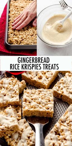 gingerbread rice krispies treats on a baking sheet with spoons and bowl of dip