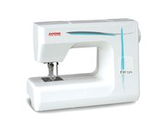 the janome sewing machine is white and has blue trimming on it's side